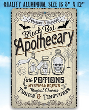 Load image into Gallery viewer, Black Bat Apothecary Metal Sign 8" x 12"