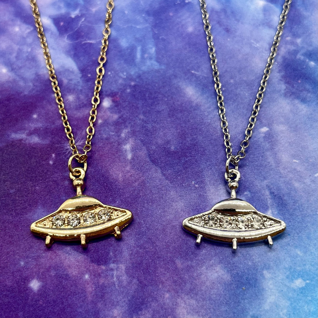 Rhinestone UFO Spaceship Pendant Necklace (Silver or Gold)