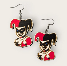 Load image into Gallery viewer, Harley Quinn Hand Painted Wood Dangle Earrings
