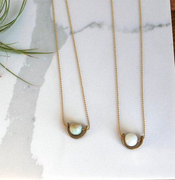 Handmade Minimal Brass Half Circle Necklace with Amazonite
