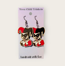 Load image into Gallery viewer, Harley Quinn Hand Painted Wood Dangle Earrings
