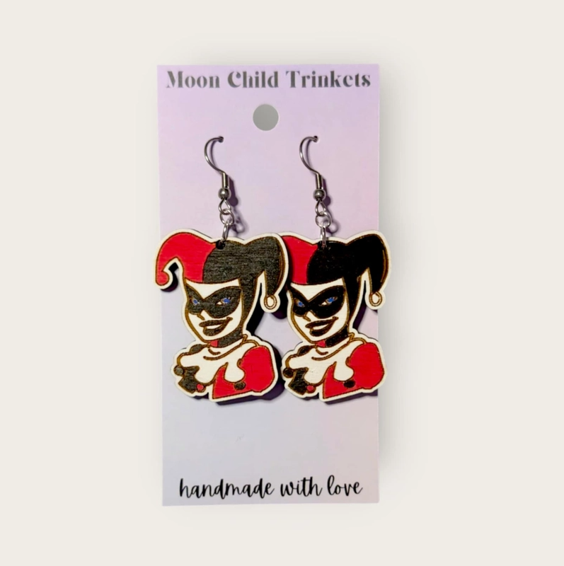 Harley Quinn Hand Painted Wood Dangle Earrings