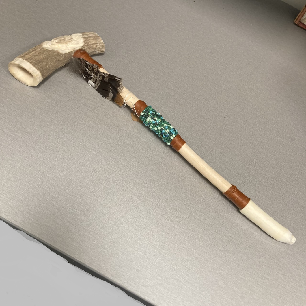 Large Wooden Antler Pipe w/ Beads & Design
