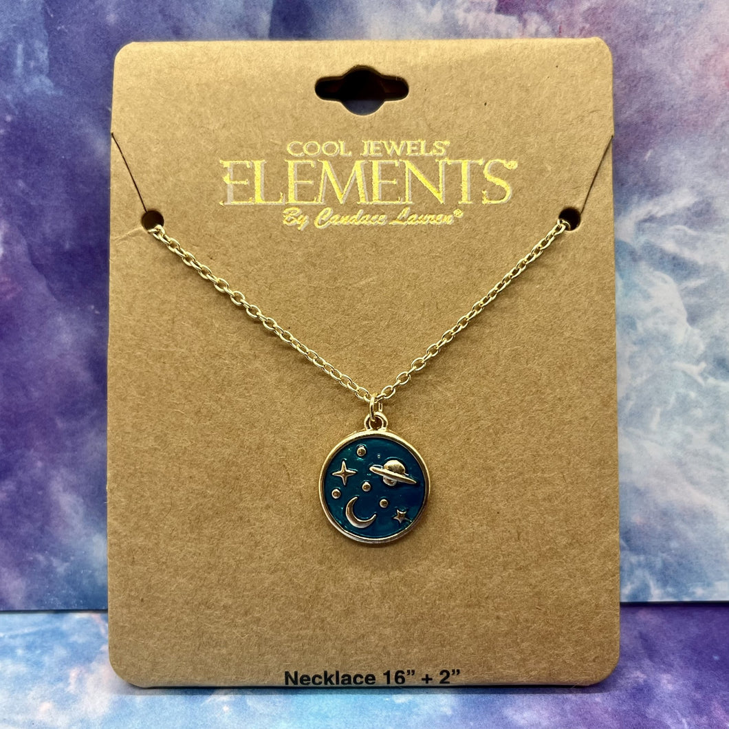 Blue Round Irridecent Space Pendant Necklace - Silver or Gold